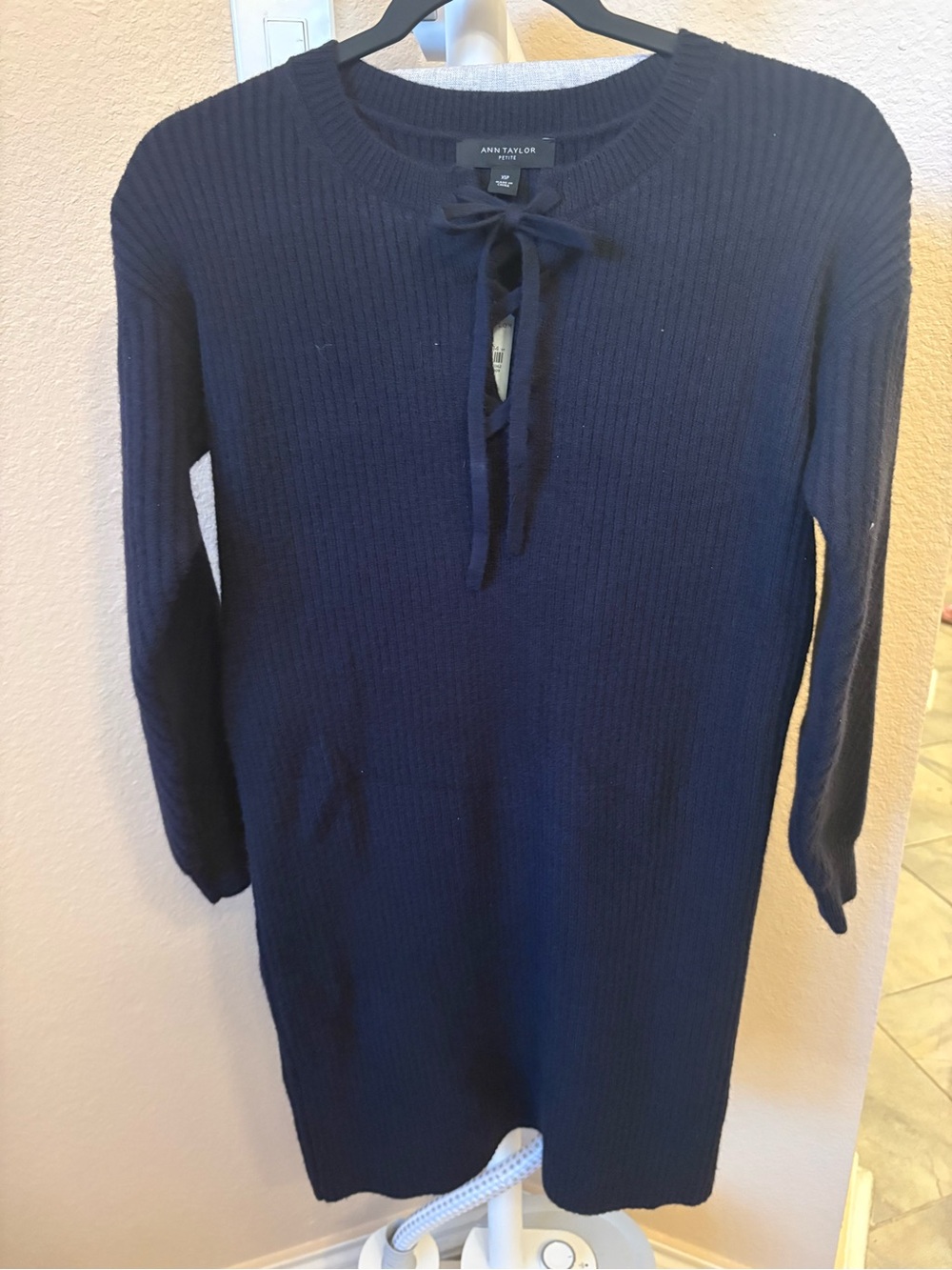 Ann Taylor Navy Ribbed Crewneck Sweater with Front Tie